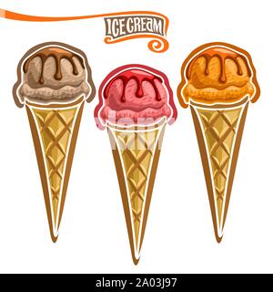 Set di vettore di gelati in cono di cialda: 3 coni con diverso gusto gelato isolati su sfondo bianco. Illustrazione Vettoriale