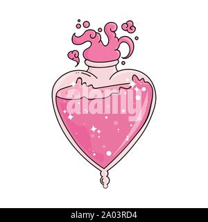 Pozione d'amore nel cuore a forma di bottiglia. Magia amore bere isolati su sfondo bianco. Il giorno di San Valentino. Bottiglia in vetro di magic elisir d'amore. disegnati a mano vecto Illustrazione Vettoriale