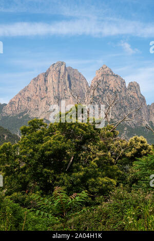 Il granito rosso vette e creste paesaggio di Capu d'Orto e Capu E Trè Signore in Ota / Porto Regione, Corse-du-Sud, Corsica, Francia Foto Stock