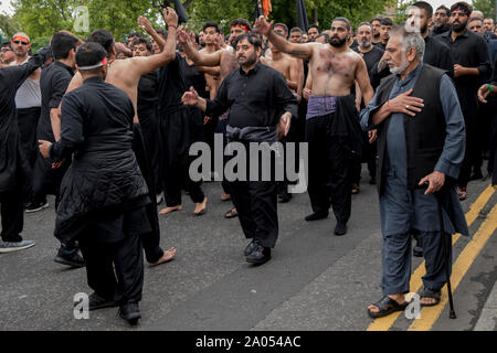 Rituale di Ashura. Gli uomini si battono il petto nel rituale di auto-flagellazione comunità musulmana Bradford 2019 2010S UK. Giorno di Ashura parade musulmani sciiti ricorda il martirio di Hussain Husayn ibn Ali nella battaglia di Karbala HOMER SYKES Foto Stock