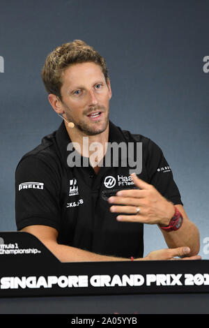 Singapore. Xix Sep, 2019. Romain Grosjean, driver francese del team Haas assiste i piloti gara pre-conferenza stampa del F1 Grand Prix di Singapore presso la F1 Pit Building a Singapore il 7 settembre 19, 2019. Credito: Quindi Chih Wey/Xinhua/Alamy Live News Foto Stock