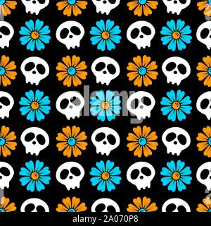 Vector seamless sfondo nero con fiori e teschi. appena festosa sfondo piatto. Il giorno dei morti. Happy Halloween. Illustrazione Vettoriale