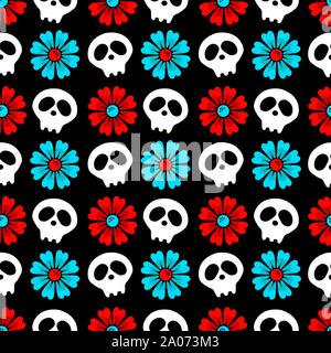 Vector seamless sfondo nero con fiori e teschi. appena festosa sfondo piatto. Il giorno dei morti. Happy Halloween. Illustrazione Vettoriale