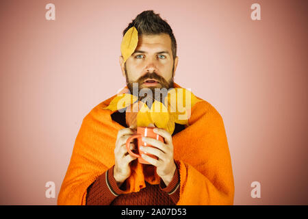 Uomo con tazza da tè e foglie di autunno in barba a plaid su sfondo rosa, freddo e malattia Foto Stock