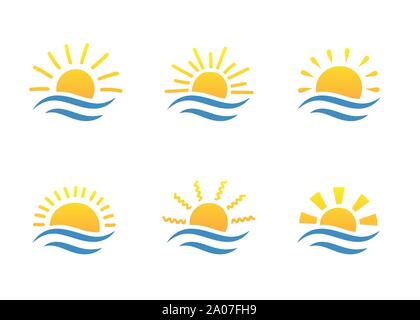 Sunrise e mare cartoon temlates logo collection. Onde di acqua e di sunbeam set di icone. Agenzia di viaggi concetto , estate illustrazione Illustrazione Vettoriale