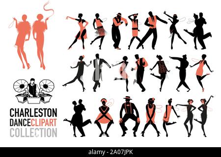 Charleston danza raccolta di clipart. Set di ballerini jazz isolato su sfondo bianco. Illustrazione Vettoriale