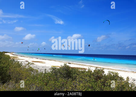 Kite boarding su Bonaire Island in tropicali del mar dei Caraibi Foto Stock