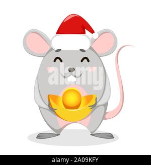 Felice Anno Nuovo Cinese. Funny cartoon rat in Santa Claus hat. Illustrazione Vettoriale su sfondo bianco Illustrazione Vettoriale
