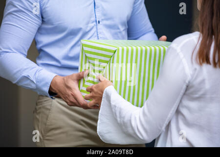 Vista posteriore di un uomo dando confezione regalo per il suo prossimo sorridente in piedi alla porta Foto Stock