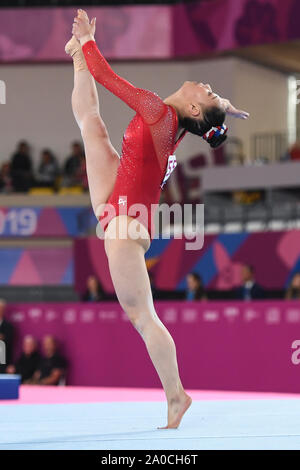 Doha in Qatar. 29 Luglio, 2019. KARA EAKER compete sul pavimento esercizio durante il concorso tenutosi presso l'Aspire Academy Dome a Doha, in Qatar. Credito: Amy Sanderson/ZUMA filo/Alamy Live News Foto Stock