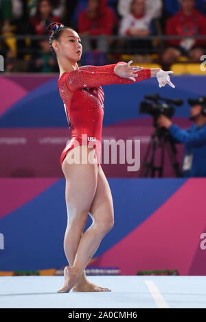 Doha in Qatar. 29 Luglio, 2019. KARA EAKER compete sul pavimento esercizio durante il concorso tenutosi presso l'Aspire Academy Dome a Doha, in Qatar. Credito: Amy Sanderson/ZUMA filo/Alamy Live News Foto Stock