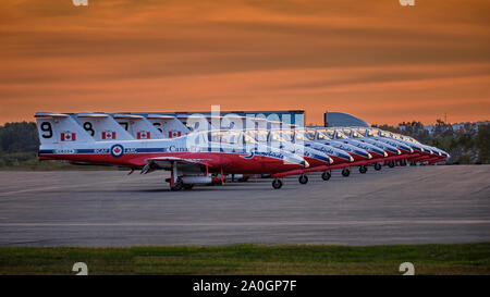 Peterborough, Ontario, Canada - 19 Settembre 2019: al tramonto, Le forze canadesi Snowbirds tutor getti, sedersi su asfalto pronto per il cinquantesimo anniver Foto Stock