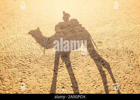 L ombra di un uomo a dorso di un cammello e scattare una foto della sua ombra sul deserto arido terreno. Deserto di Thar, Rajashan, India. Foto Stock