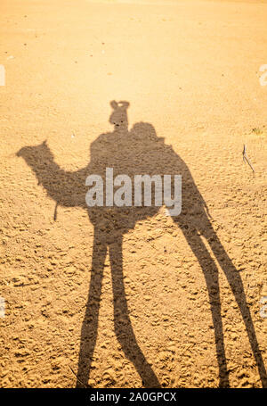 L ombra di un uomo a dorso di un cammello e scattare una foto della sua ombra sul deserto arido terreno. Deserto di Thar, Rajashan, India. Foto Stock