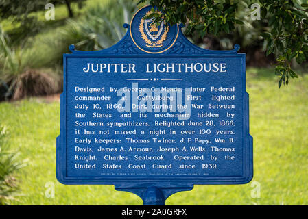 Marcatore storico presso Jupiter Lighthouse in Palm Beach County, Florida. (USA) Foto Stock