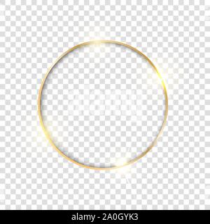 Gold Circle telaio. Golden luxury candelette di linea bordo rotondo. Oro brillante lucido telaio vintage con ombre isolato su sfondo trasparente. Illustrazione Vettoriale