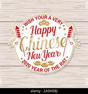 Felice Anno Nuovo Cinese sticker design. Illustrazione Vettoriale. Anno Nuovo Cinese patch o un biglietto di auguri. Segno cinese con oro sycee , moneta e fuochi d'artificio razzo. Banner per il web template Illustrazione Vettoriale