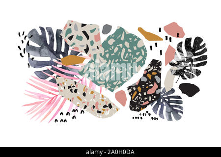 Acquarello tropicale foglie, bordo risvoltato forme geometriche, terrazzo elementi di pavimentazione collage. Arte moderna sfondo per creative design di superficie. Mano Foto Stock