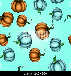 Illustrazione Vettoriale autunno colorato modello senza giunture verdure zucche su sfondo blu Illustrazione Vettoriale