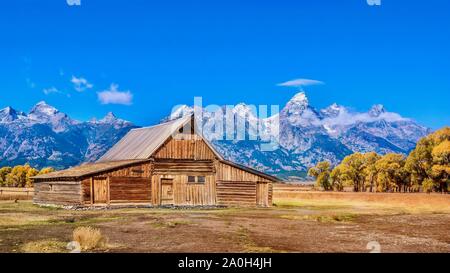 Vista dello storico T.A. Moulton Barn, un punto di riferimento lungo una strada conosciuta come mormone fila, in una zona chiamata Antelope Flats, nel Parco Nazionale di Grand Teton, w Foto Stock