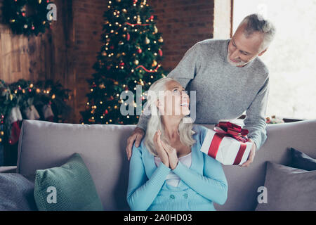 Allegro lieto eccitato adorabile positivo bella nonnina seduta sul divano divano divano amico in casa ricevendo getting regalo bianca del nastro di prua eve noel Foto Stock
