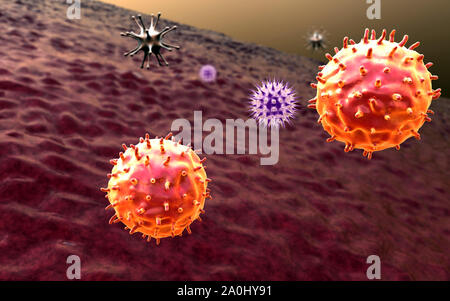 Macrofago uccide i virus, rendering 3d e macrofago virus, dentro il corpo umano, medico uno sfondo video, virus nel corpo umano Foto Stock