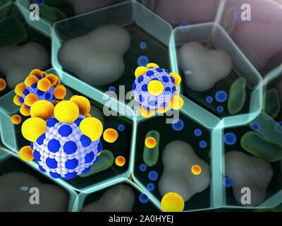 Campo di cellule di grasso, alta qualità 3D render di cellule di grasso, colesterolo nelle cellule, campo di cellule, l'insulina umana, la struttura della molecola Foto Stock