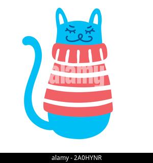 Felice gatto blu in un maglione rosso, illustrazione di vettore isolato su sfondo bianco Illustrazione Vettoriale