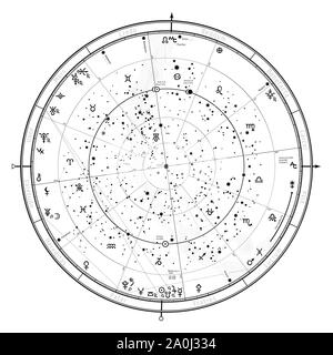 Astrologica Mappa Celeste dell'emisfero settentrionale. Il generale Global Oroscopo universale su Gennaio 1, 2020 (00:00 GMT). Dettaglio grafico del cielo. Foto Stock