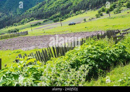 Paesaggio rurale con recinti di legno e virid campi in Mestia, Svaneti, Georgia. Recinzioni e poli elettrici sono weirdly inclinato. Foto Stock