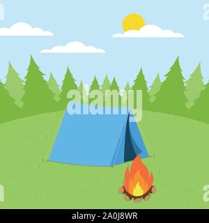Giornata di sole paesaggio illustrazione in stile appartamento con tenda, falò, montagne, foreste e acqua. Sfondo per Summer Camp, natura turismo, camping o Illustrazione Vettoriale