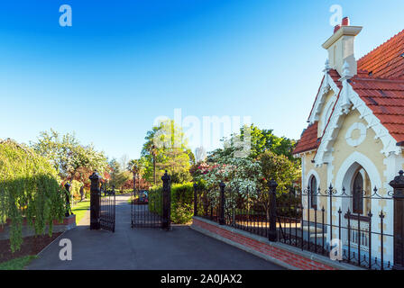 Edificio storico in Christchurch Botanic Gardens, Nuova Zelanda. Copia spazio per il testo Foto Stock