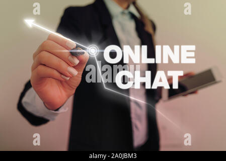 Segno di testo mostra Chat Online. Business photo testo parlando con un amico o qualcuno attraverso internet e PC Phone Foto Stock
