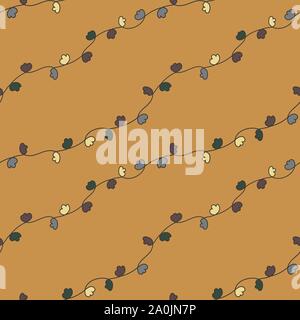 Vettore senza giunture doodle diagonale strisce botanial pattern senape su sfondo giallo Illustrazione Vettoriale