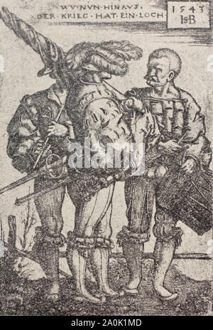 Landsknecht partecipanti alla guerra contadina del 1525. Incisione medievale del XVI secolo. Foto Stock