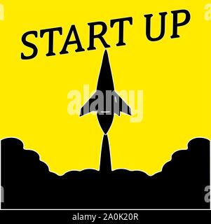 Avvio aziendale . Una silhouette nera, un razzo si stende dalle nuvole . Giallo. Il nome dell'avvio nero. Vettore Illustrazione Vettoriale