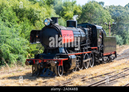 Maldon, Victoria, Australia - 1 marzo 2017. Storico treno a vapore in esecuzione su Maldon - percorso Castlemaine nel goldfields di Victoria, Australia. Foto Stock