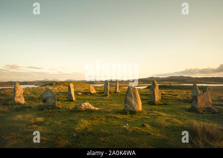 Callanish pietre permanente III sono più piccoli in altezza e in numero rispetto al sito principale dell'isola di Lewis, Ebridi Esterne, Scotland, Regno Unito, Europa Foto Stock