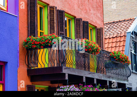 Balcone in acciaio contro la casa colorati di rosa verde della parete del telaio della finestra Windows giallo marrone porte berlina parete blu a fiori di colore rosso e verde di foglie su un su Foto Stock