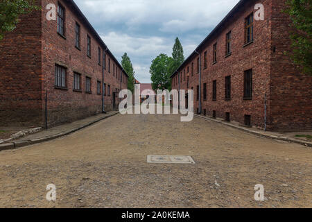 Cortile al campo di concentramento di Auschwitz e morte Camp Foto Stock