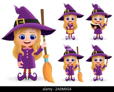 Witch Halloween character set del vettore. Femmina strega carino caratteri felice permanente e la holding scopa indossando il costume di halloween e bacchetta magica. Illustrazione Vettoriale