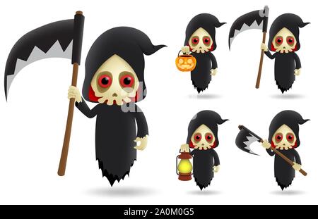 Grim Reaper halloween vettore di caratteri set. Grim Reaper caratteri di scheletro di indossare il costume di halloween battenti tenendo falce e zucca lanterna. Illustrazione Vettoriale