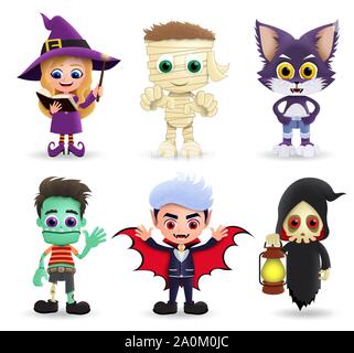 Halloween vettore di caratteri set. Carattere di Halloween nella cute e costume spaventoso di strega, mummia, lupo, zombie, vampiri e Grim Reaper isolato. Illustrazione Vettoriale