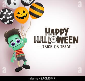 Happy halloween zombie vettore di caratteri del modello dello sfondo. Happy halloween dolcetto o scherzetto testo di saluto con spazio per il messaggio e spaventosi zombie attesa. Illustrazione Vettoriale