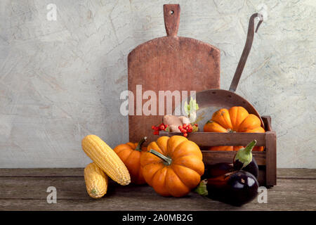 In autunno la cucina stagionale concetto con zucche e utensili da cucina. Vista frontale Foto Stock