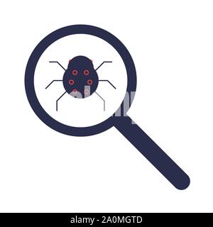Lente di ingrandimento alla ricerca di virus e malware, errori di software Illustrazione Vettoriale