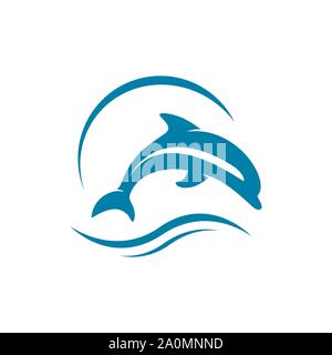 Onde e jumping dolphin logo design illustrazioni vettoriali Illustrazione Vettoriale