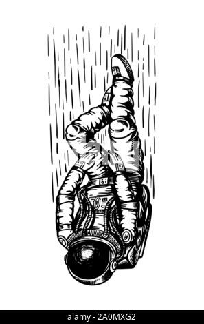 Soaring astronauta nello spazio. Astronauta nel sistema solare. Incisi disegnati a mano il vecchio schizzo in stile vintage. Illustrazione Vettoriale