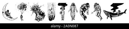 Set di astronauti nel sistema solare. Spaceman e balena, tenuto spento cosmonauta, pianeti nello spazio, palloncini e la luna. Incisi disegnati a mano il vecchio Illustrazione Vettoriale