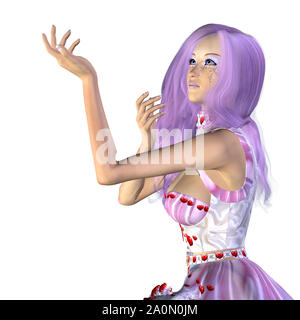 Rendering digitalmente illustrazione di una ragazza di San Valentino con i capelli viola su sfondo bianco. Foto Stock
